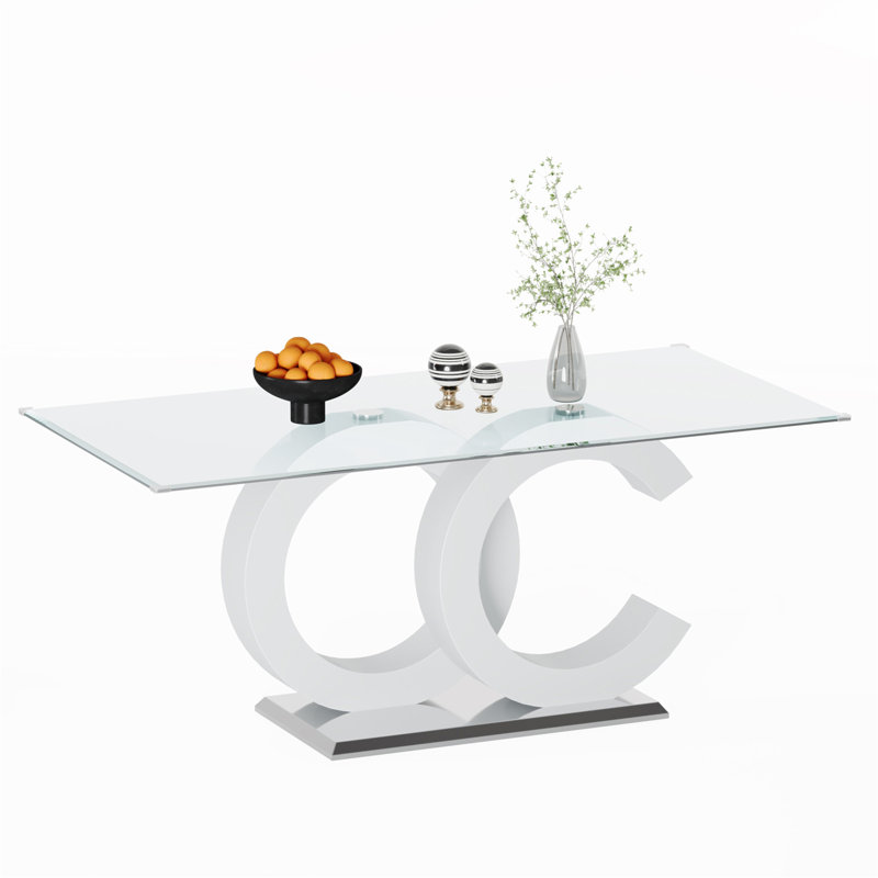 Tempered Glass Dining Table With White MDF Middle Support And Stainless Steel Base For Modern Design, Silver/White