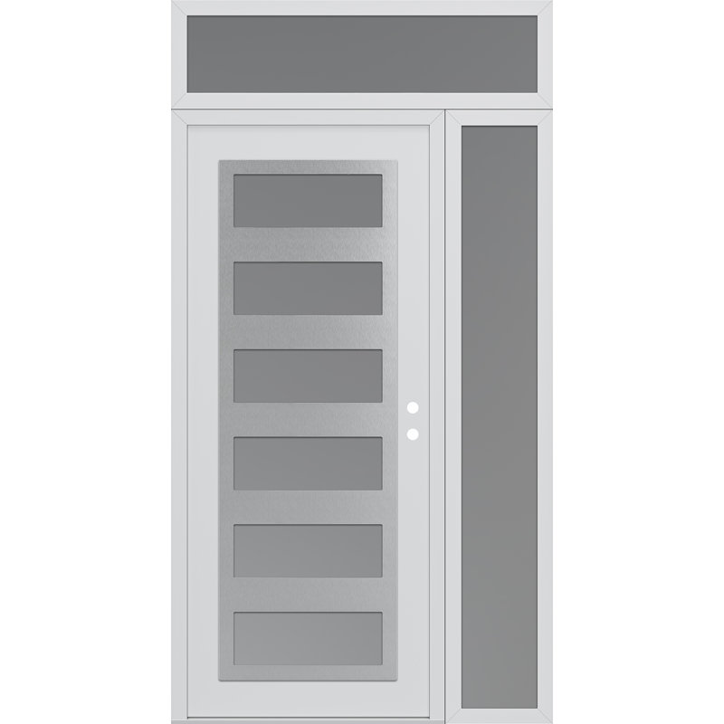 C9 à gauche 52 po X 96 po Panneau en acier argenté et verre givré blanc et blanc avec porte d'entrée avant en verre givré Sidelite et Transom