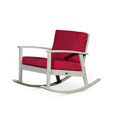 Chaise berçante en eucalyptus avec coussins, finition gris bois flotté, coussins bourgogne