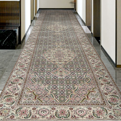 Tapis vert clair et crème noué à la main de haute qualité