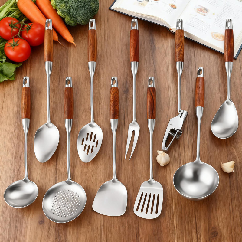 Professional 10-Piece Stainless Steel Kitchen Utensil Set With Wood Handle For Cooking, Serving And Grilling