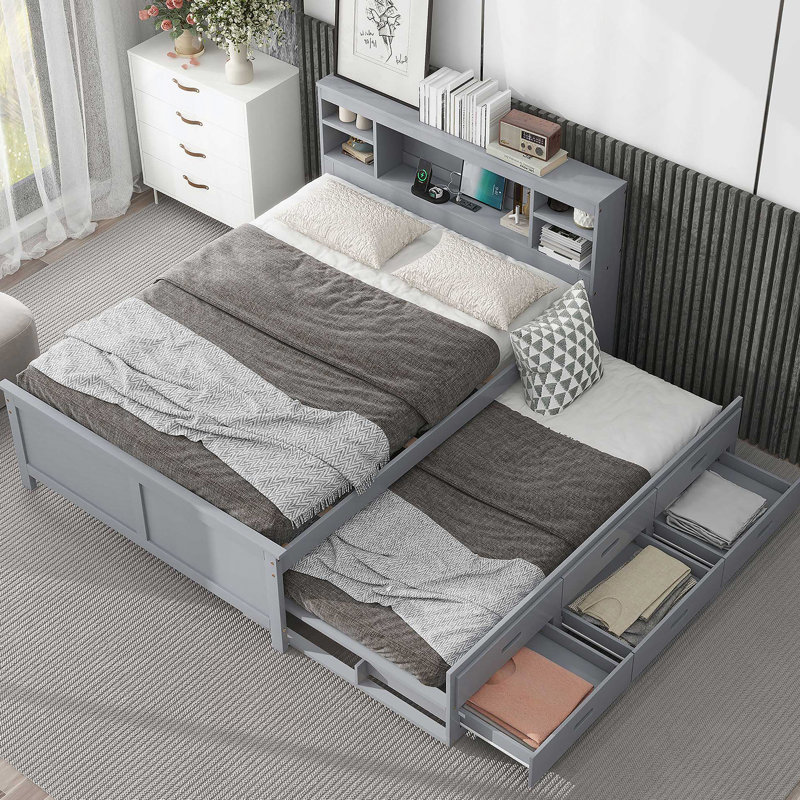 Lit plateforme avec tête de lit, USB, lit gigogne et 3 tiroirs, gris