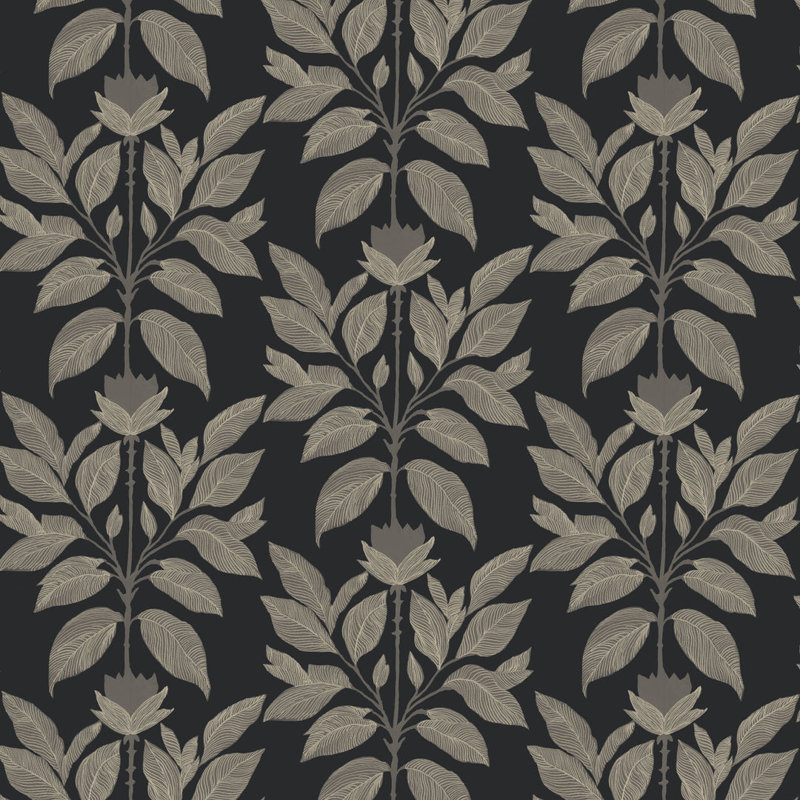 Papier peint floral noir Wayward Petal, Noir cheminée, Faux Grasscloth