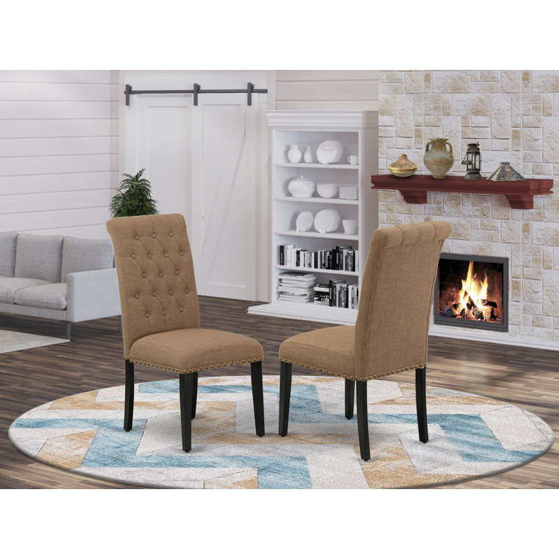 Dining Chairs Set of 2 - Linen Fabric Seat and Button Tufted Back with Solid Wood Legs -, Mahogany, Light Sable