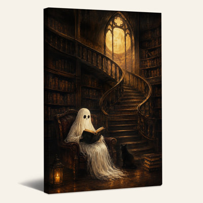 Impression sur toile, livre fantôme dans une bibliothèque gothique avec Halloween