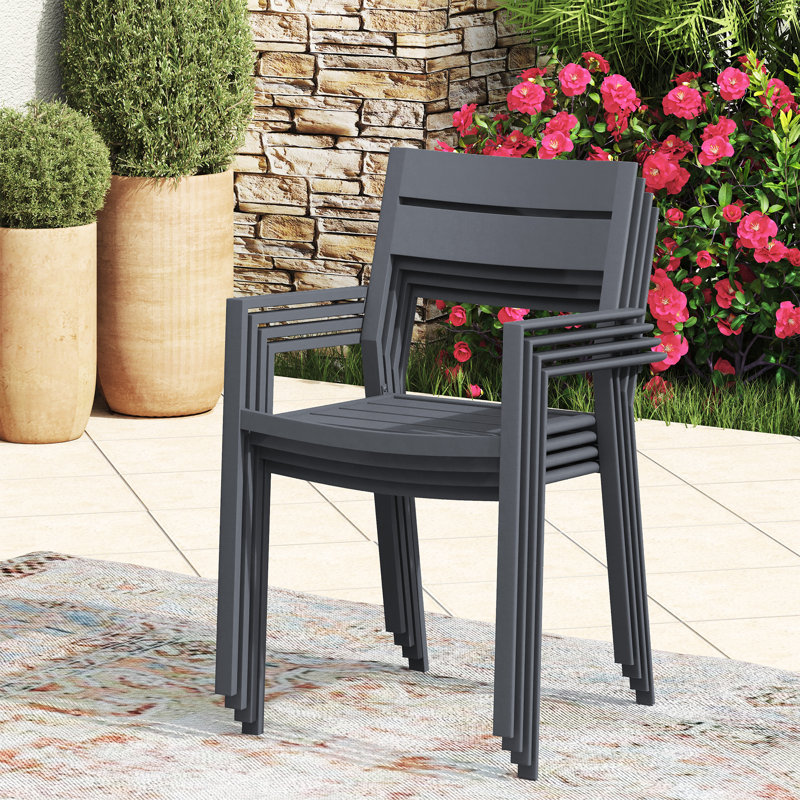 4-Person Round Patio Dining Set with Metal Dining Table and 4 Stackable Metal Armrest Chairs, Gray/Gray