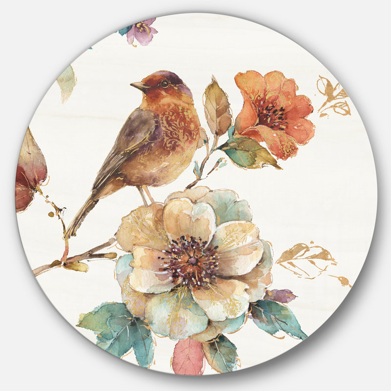 Oiseau de ferme sur une branche de fleur - reproduction d'art sur cercle en métal, H 23 po x l 23 po