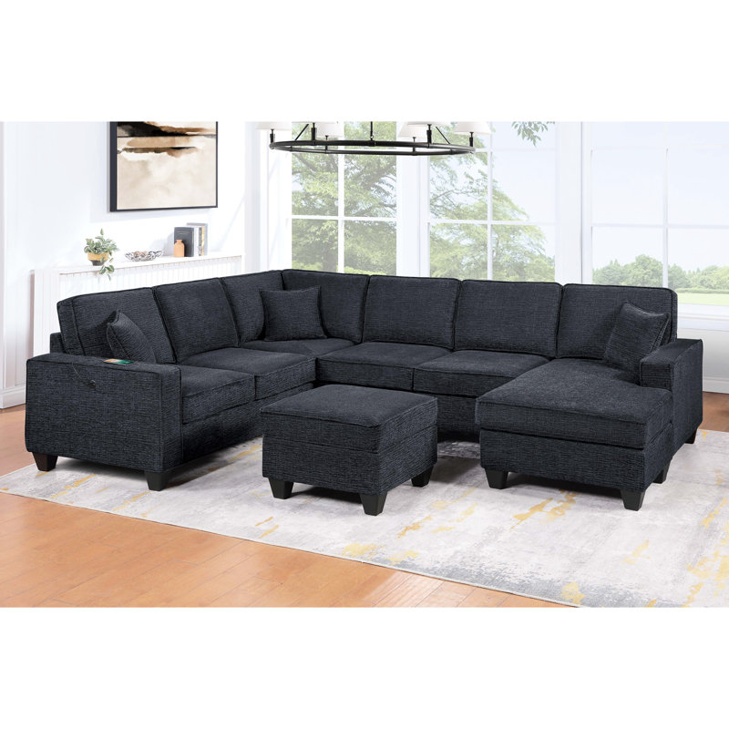 Canapé modulaire 5 pièces de style contemporain, couleur noir ardoise, accoudoir gauche, méridienne droite pour la conception d'espace de vie, finition, primaire