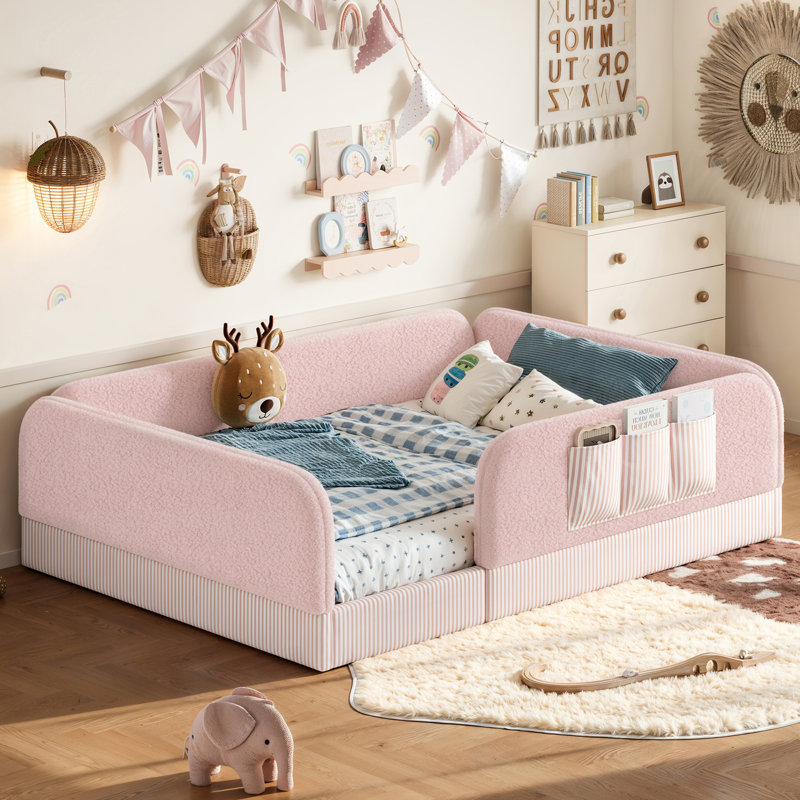 Grand lit à plancher tapissier avec rails et poche de rangement latérale, Grand lit, Rose