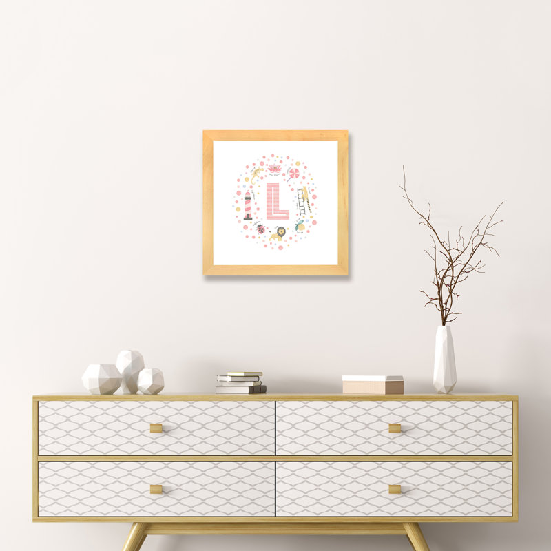 Lettre illustrée L rose - impression, Blanc, H 16 po x l 16 po x p 1 po, Papier avec cadre beige