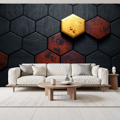 Futuristic Peel and Stick Wallpaper Golden Hexagon Tile Dark Black Red Hexagonal Wall Murals 69"H x 96"W Removable PVC Wall Paper Self-Adhesive Wall Decor for Bedroom Living Room Home Office