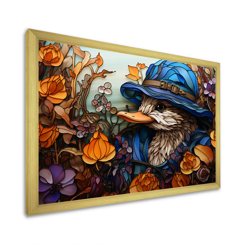 «Blue and Orange Duck Blooms Mosiac - Duck Animal», art mural, Cadre d'angle fermé doré, H 34 po x l 44 po x P 1,5 po