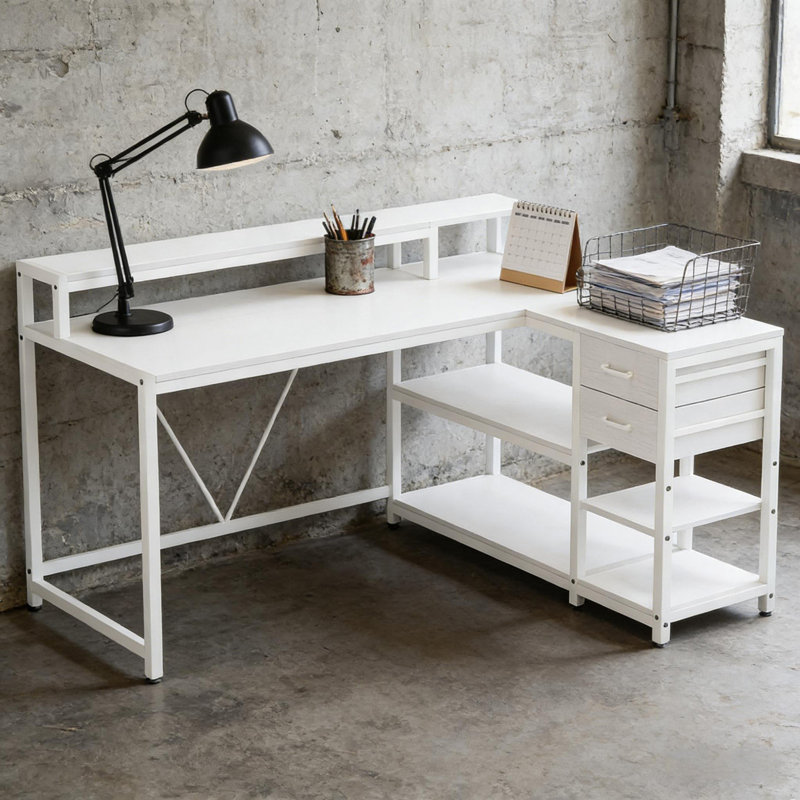 Bureau, bureau en L, bureau d'ordinateur réversible, Blanc