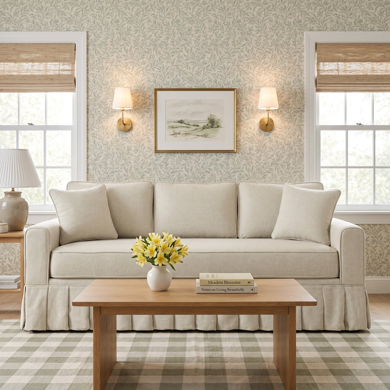 Colette Upholstered Skirted Sofa with Two Throw Pillows, Ecru