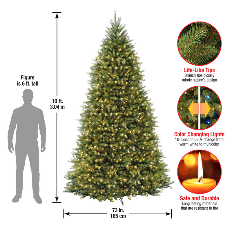 Dunhill Fir 10' Hinged Green Artificial Christmas Tree with 1200 LED White/Multicolor Lights