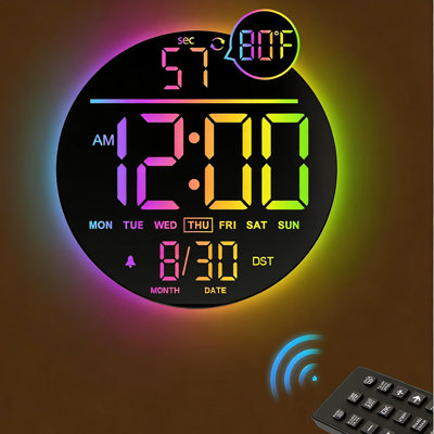 10" Large Digital Wall Clock With Seconds, Alarm Countdown Timer, Big LED Display, RGB Colour, DST, Temperature, Mounted For Bedroom Living Room Office Classroom Gym, Xmas Birthday Gift, RGB