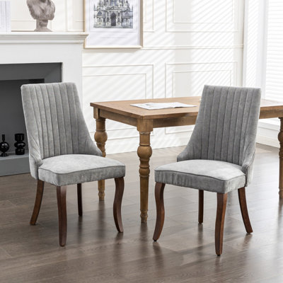Chaises de salle à manger rembourrées en rayonne grise avec pieds incurvés en bois d'hévéa massif, coussin en mousse élastique triple, haut traditionnel américain de 2 pour un design confortable et sophistiqué