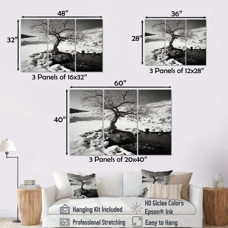 «Black and White Solitude Tree In Winter», ensemble d'art mural sur toile paysage d'hiver, H 28 po x l 36 po x P 1 po