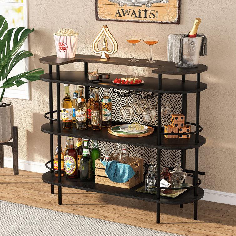 L-Shaped Home Bar Unit with 4 Glasses Holders and 4 Tier Shelves - Brown