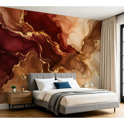 Wall Mural Peel and Stick Wallpaper Abstract Burgundy Gold Fluid Art Marble Self-Adhesive Removable Contact Paper Wall Decor for Living Room Bedroom 100"H x 144"W