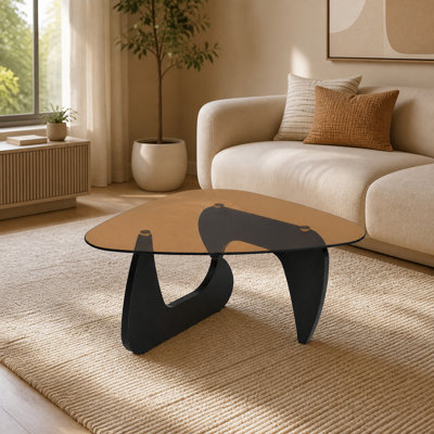  Sculptural Tempered Glass Coffee Table with Curved Wood Base