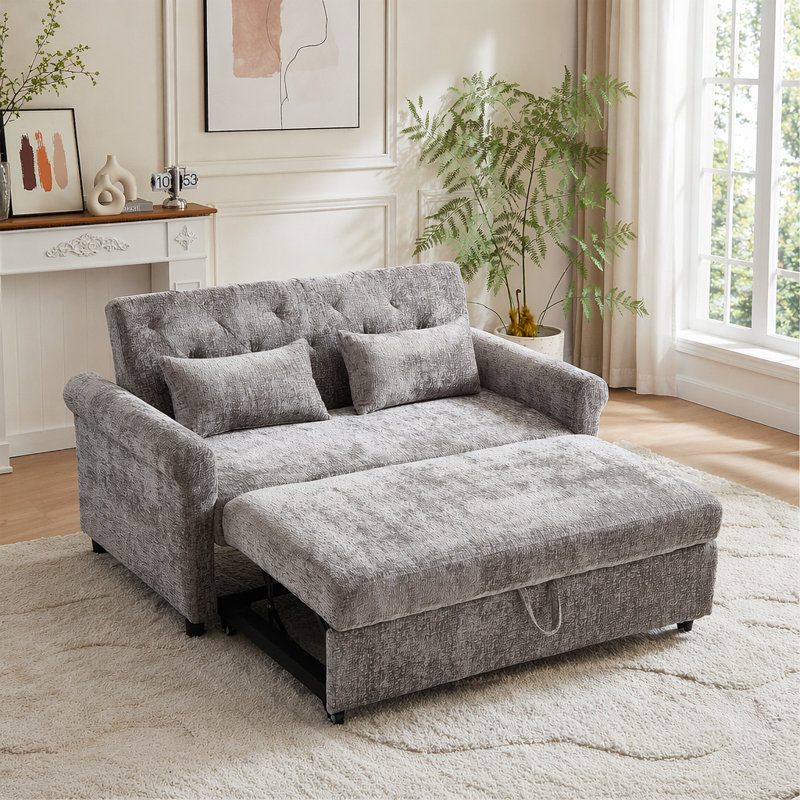Canapé-lit moderne capitonné gris, Tissu gris; velours
