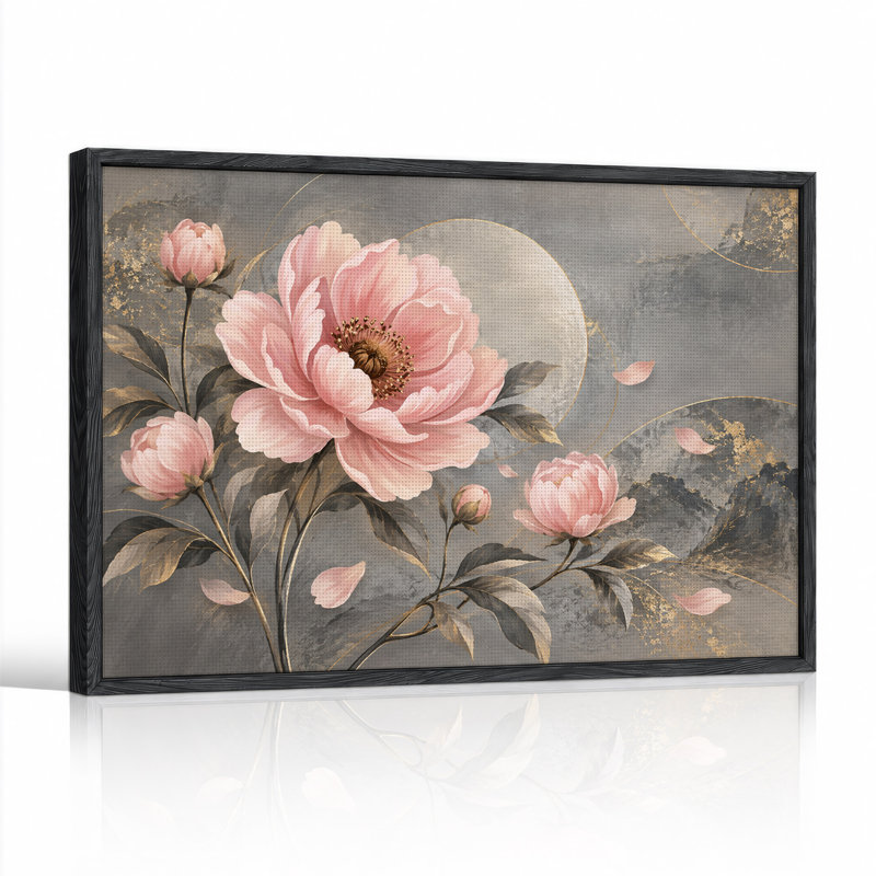 Pivoines roses en fleurs avec des accents de feuilles d'or sur une toile texturée grise, H 36 po x l 48 po