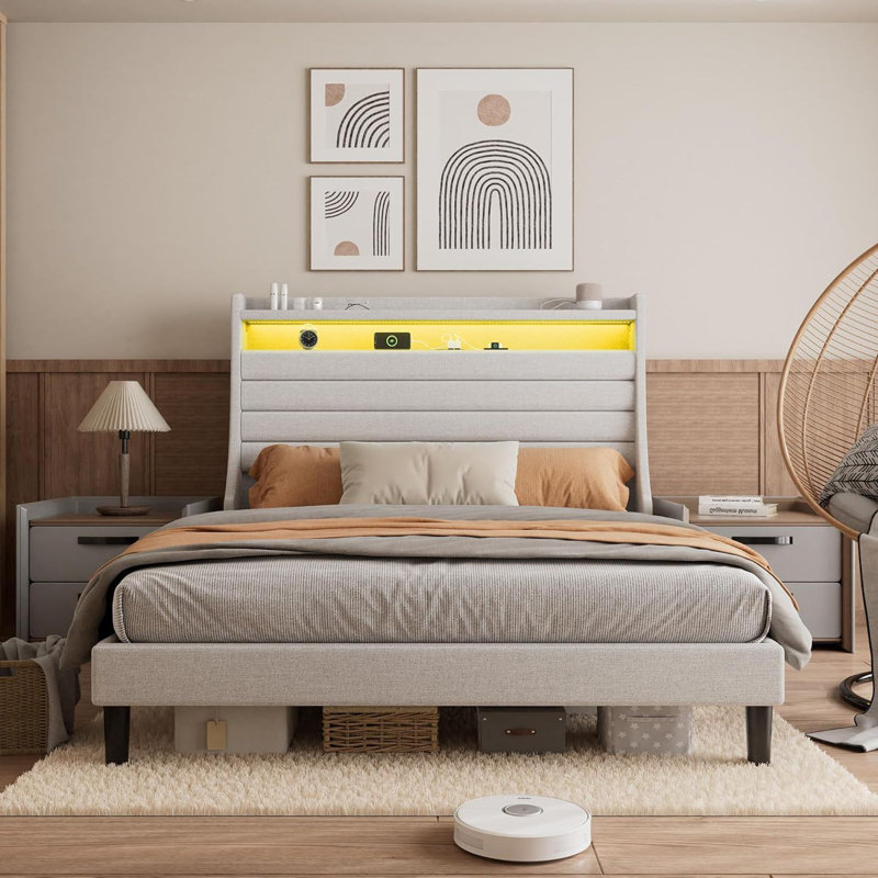Lit plateforme à DEL avec tête de lit tapissier à 2 niveaux, Blanc cassé, Grand lit