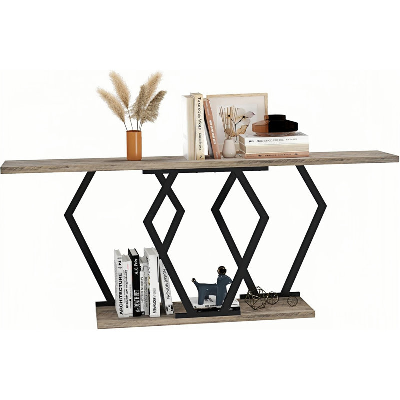 Table d'entrée industrielle rustique avec 2 couches de rangement ouvert, table de canapé avec base géométrique, console de salon, couloir