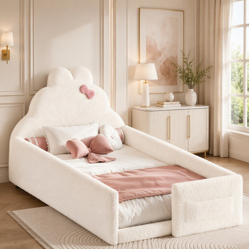 Lit au sol rembourré Teddy avec poche de rangement latérale, Lit simple, Beige