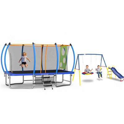10X16FT Outdoor Square Rectangular Trampoline for Kids Adults Tumbling Trampoline & 3 in 1 Heavy-Duty Metal Backyard Playset with Swing Set and Kids S