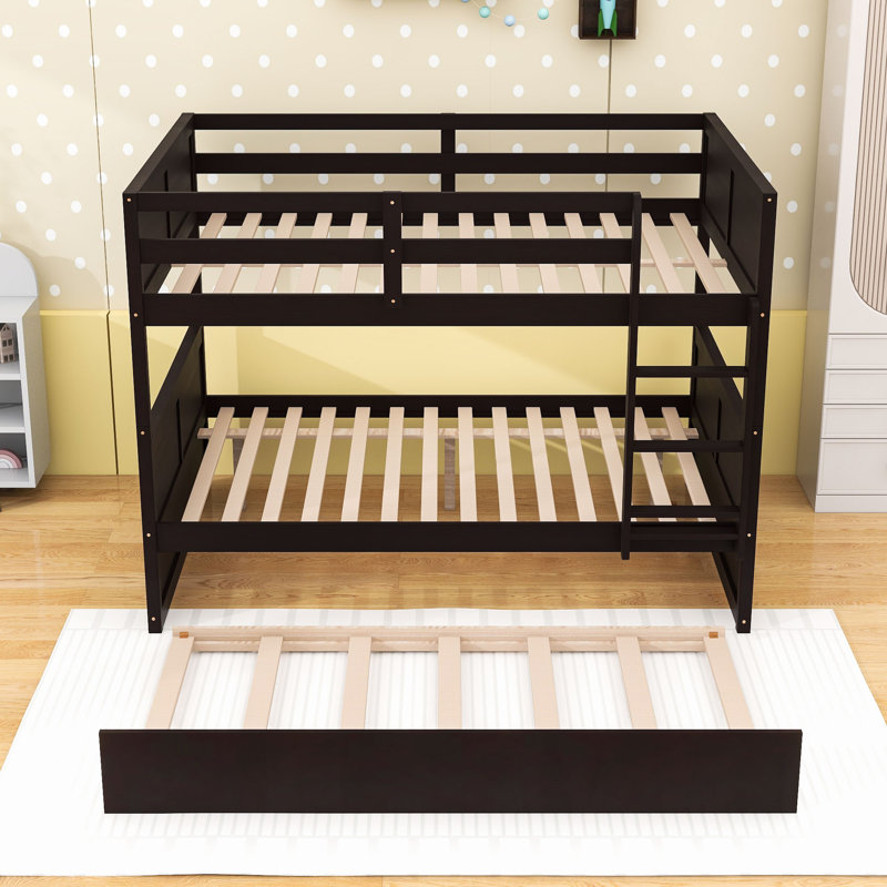 Wood Full Over Full Bunk Bed With Twin Trundle And Guardrails, Espresso