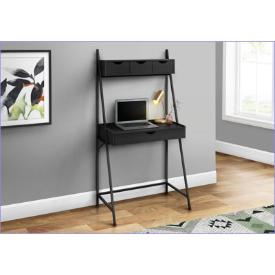 Desks: Modern Leaning Computer Desk with Storage Drawers, Black Laminate, 31.5" W | Black | Metal
