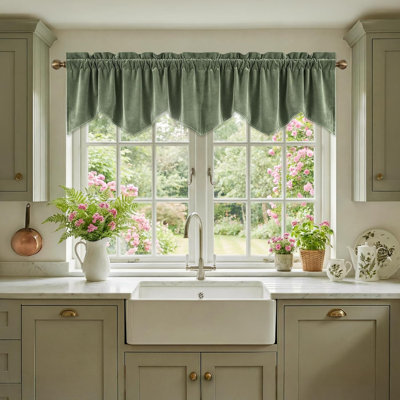 Lace Rosarium Kitchen Curtains, 3PCS Kitchen Curtains and Valances Set, Elegant White Fabric with Rose Embroidery and Lace