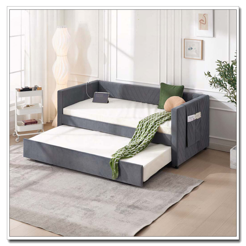 Upholstered Daybed with Trundle,USB Port ,Side Pockets, Gray