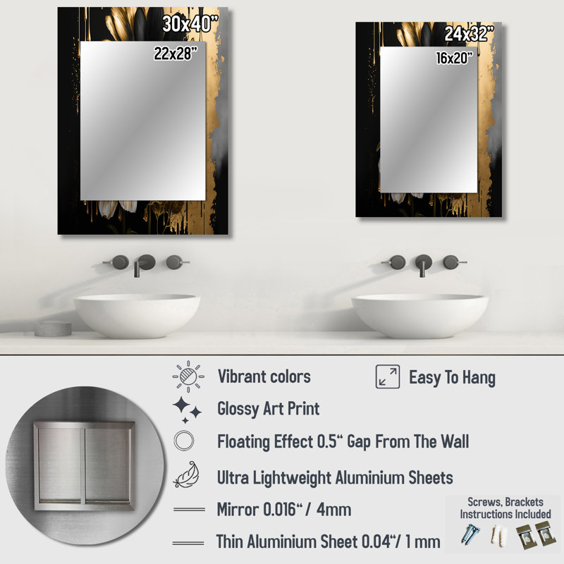 Black And Gold Daisy II - Daisy Decorative Wall Mirror, Traditional Mirror, Printed Metal Art, 32" x 24"