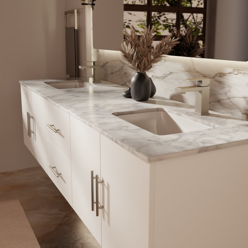 Ensemble de meuble-lavabo double mural 72 "avec miroir Geneva, Blanc lustré, Marbre de Carrare blanc
