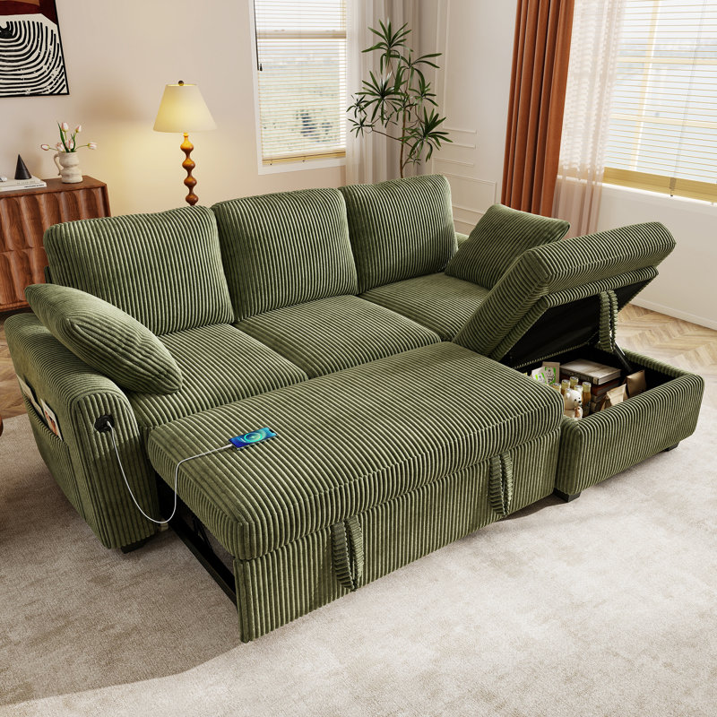 Canapé-lit modulaire rembourré en L en velours côtelé de 81 po avec lit escamotable et rangement George, Vert