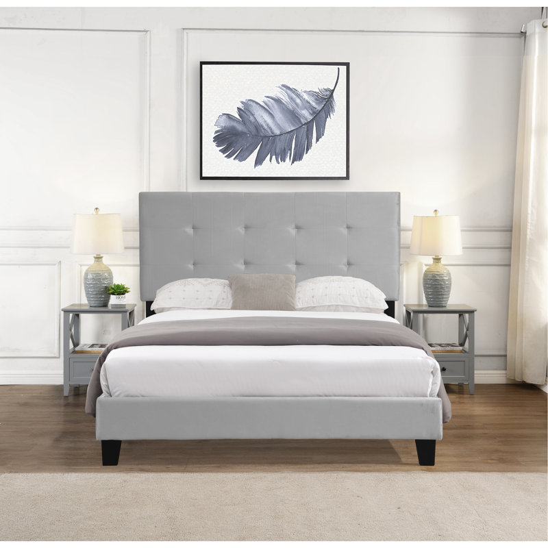 Lit plateforme tapissier grand format gris, tête de lit, support à lattes de bois, base de matelas, assemblage facile, pas besoin de sommier gris moderne avec base, pas besoin
