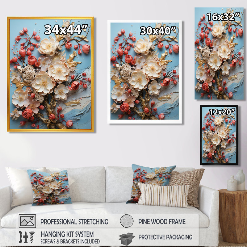 Fleurs de cerisier en fleurs sur fond bleu clair - fleur de cerisier, Toile avec cadre flottant brun