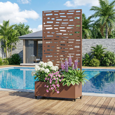 Boîte à fleurs en métal avec treillis et roues