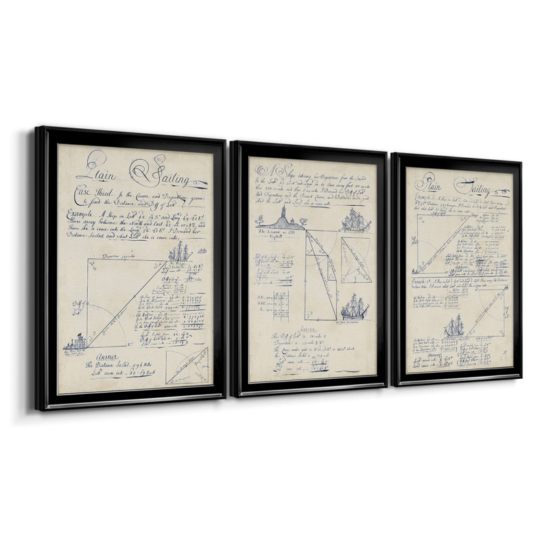 «Nautical Journal IV», ensemble de 3 impressions sur toile encadrées, H 26,5 po x l 109,5 po x P 1,5 po, Cadre noir