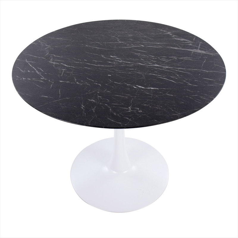 Table de salle à manger ronde de 36 pouces pour 4, style piédestal moderne avec plateau en marbre noir élégant et base en métal blanc
