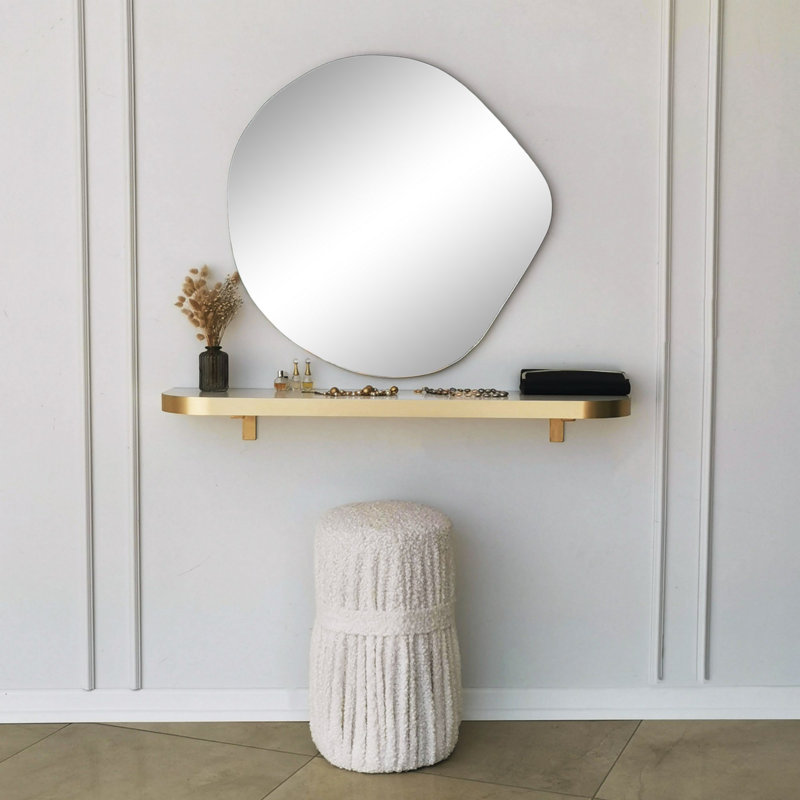 Miroir mural abstrait doré, 27,6 po x 26,4 po | 100% panneau de particules enduit de mélamine, épaisseur: 0,7 pouce | Réglable horizontalement et verticalement | Décoration intérieure élégante, parfaite pour le salon et le vestibule