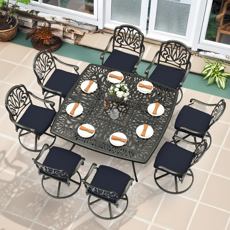 Canora Grey 9-Piece Outdoor Patio Dining Set For 8, All Weather Cast Aluminum Patio Funiture Table And Chairs Set- Large 64" Square Table And 8 Cushioned Swivel Rocker Chairs, Umbrella Hole