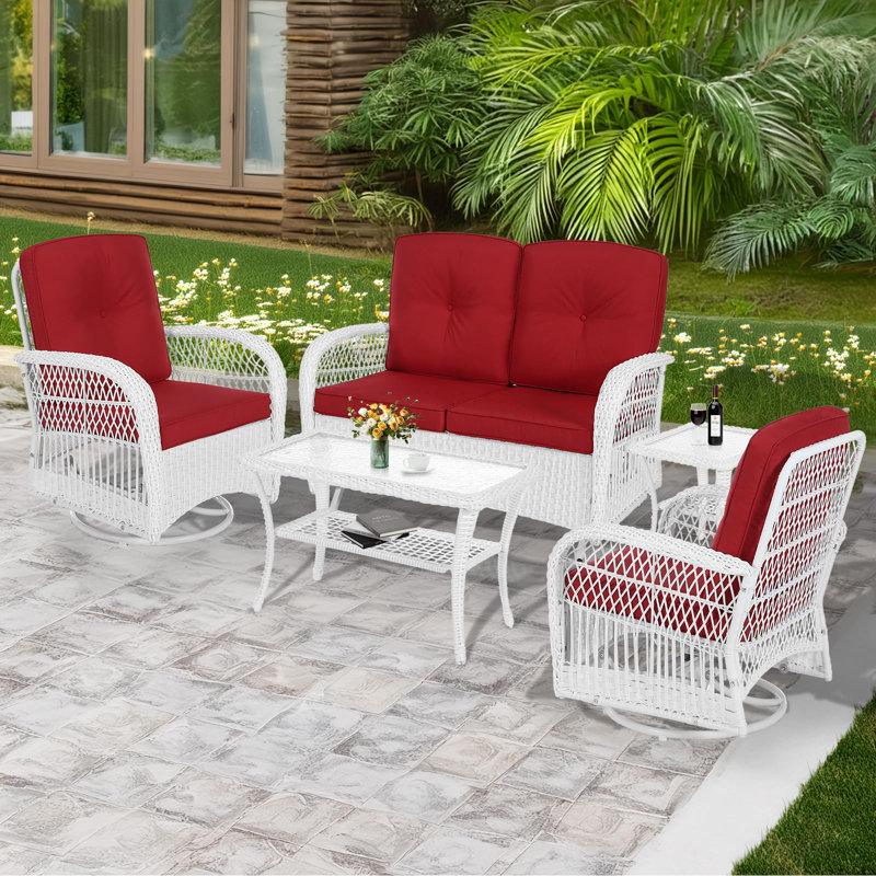 Winston Porter 5-piece Outdoor Patio White Wicker Conversation Sets, All Weather Outdoor Rattan Furniture Set Includes Glider Loveseat, 2 Coffee Table, 2 Swivel-gliders Chairs With Cushions