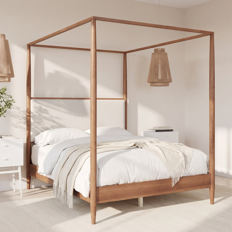 Lit plateforme à baldaquin en bois massif de style moderne Tavik avec tête de lit tapissier Boucle, Walnut, Queen