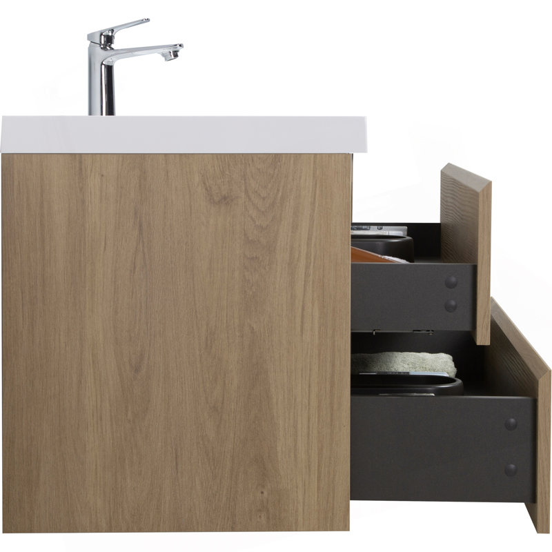 Meuble-lavabo flottant avec lavabo, mural et peu encombrant, idéal pour la conception et l'organisation de salles de bain modernes.