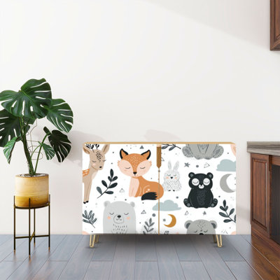 Sideboard Buffet Cabinet with Storage Scandinavian style design for nursery Forest animals collection with 2 Doors for Living Room and Kitchen