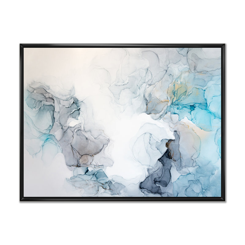 Vagues de marbre grises et bleues - art mural moderne sur toile, H 30 po x l 40 po x P 1,5 po, Toile avec cadre flottant noir